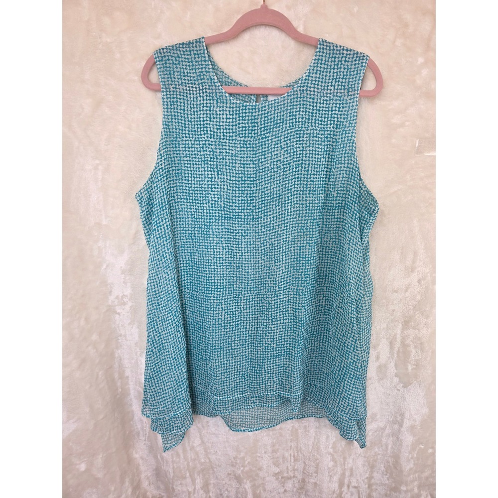 Fever Womens XL Teal White Abstract Print Sleeveless Blouse Handkerchief Hem Top